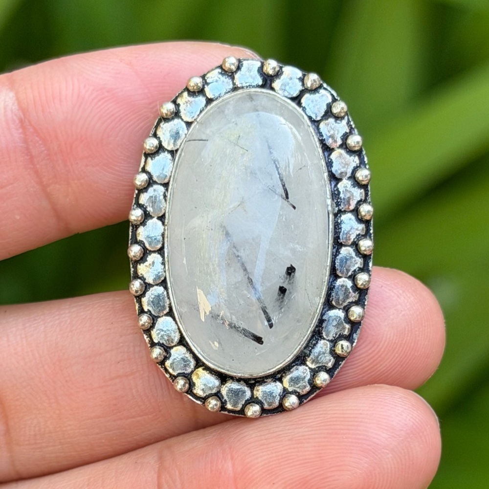 SIZE 7.25 925 silver plated black rutile quartz ring 0376